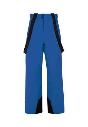 Blue waterproof pants with black accents, wide legs, adjustable straps, and button closure. Made for outdoor activities, featuring sleek design.
