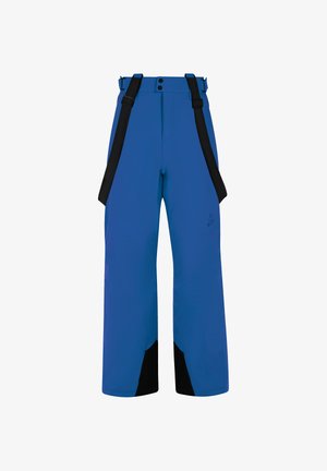 Blue waterproof pants with black accents, wide legs, adjustable straps, and button closure. Made for outdoor activities, featuring sleek design.