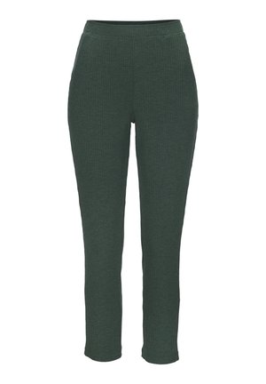 Green ribbed knit pants with a fitted design, elastic waistband, and tapered legs. Textured surface with vertical lines for detail.