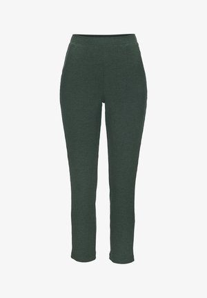 Green ribbed knit pants with a fitted design, elastic waistband, and tapered legs. Textured surface with vertical lines for detail.