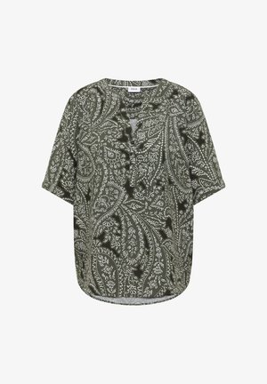 Zielona bluzka z krótkim rękawem, wzorem paisley w kolorze białym, okrągłym dekoltem i przednią plisą na guziki.