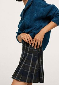Gebreide blauwe trui met een halve rits kraag, gecombineerd met een zwart en grijs geruite plissérok. Zichtbare handdetails op de taille.