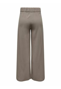 Taupe wijde broek met een elastische tailleband, van de achterkant weergegeven, met een gladde, vloeiende stof.