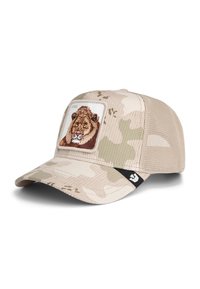 Casquette de baseball beige en camouflage avec un dos en maille, ornée d'un design de lion brodé sur un patch carré et d'un accent de logo noir.