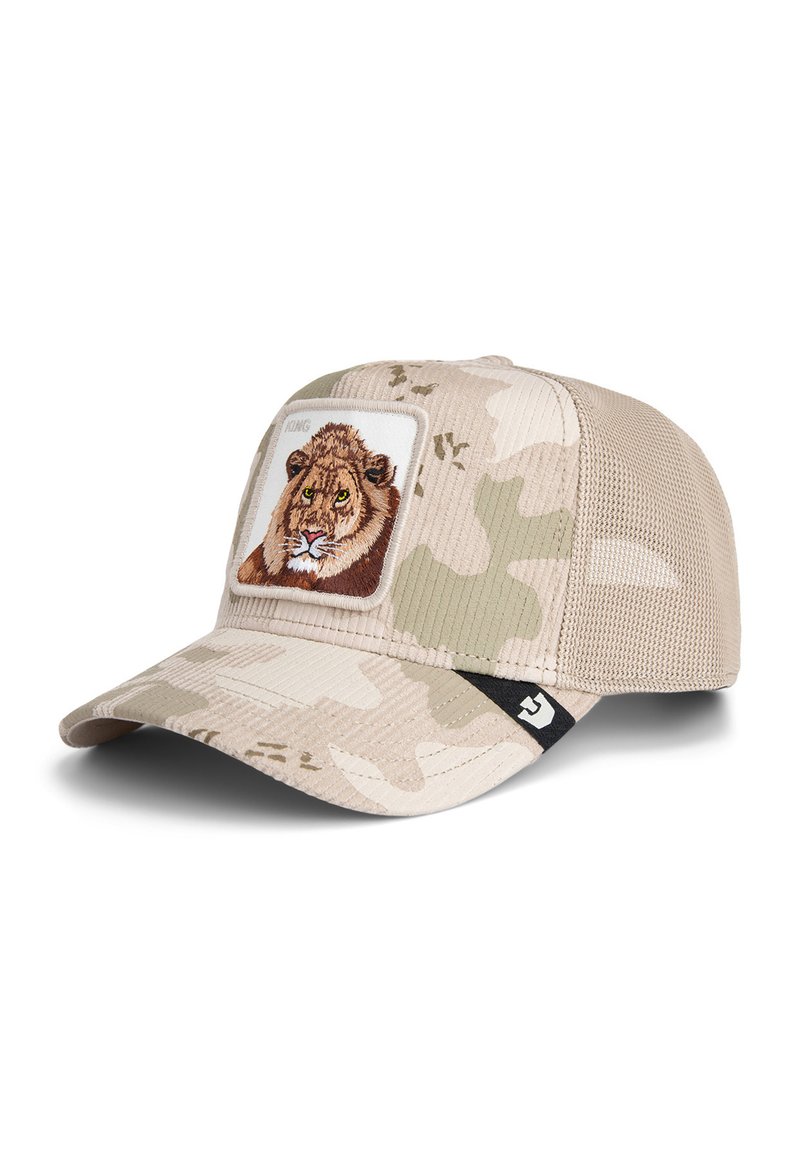 Casquette de baseball beige en camouflage avec un dos en maille, ornée d'un design de lion brodé sur un patch carré et d'un accent de logo noir.