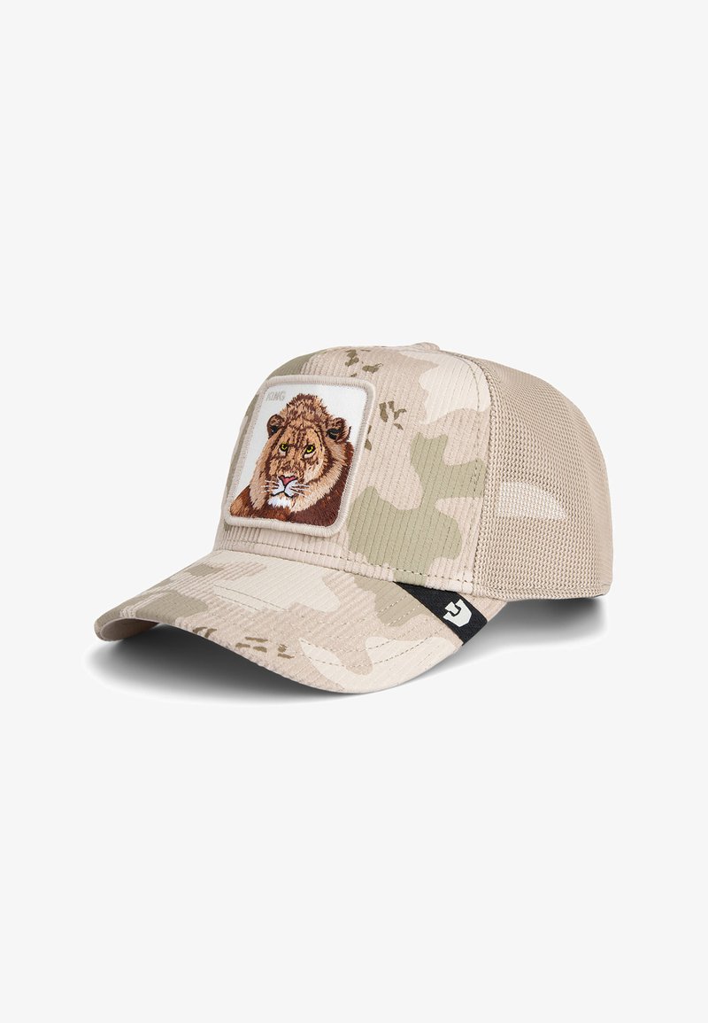 Casquette de baseball beige en camouflage avec un dos en maille, ornée d'un design de lion brodé sur un patch carré et d'un accent de logo noir.