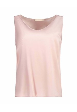 Blusa donna senza maniche rosa chiaro con scollatura a giro e tessuto liscio simile al raso.