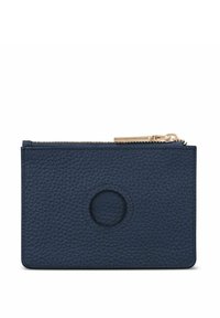 Portafoglio in pelle blu navy con finitura texture, dotato di un dettaglio a ritaglio circolare e una cerniera in tono oro per la chiusura.