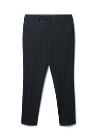 Schwarze Hosen aus einem glatten, leichten Stoff. Verfügt über ein gerades Design, zwei Seitentaschen und einen Knopfverschluss an der Taille.