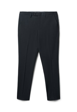 Schwarze Hosen aus einem glatten, leichten Stoff. Verfügt über ein gerades Design, zwei Seitentaschen und einen Knopfverschluss an der Taille.