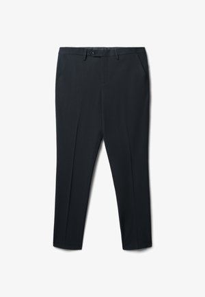 Schwarze Hosen aus einem glatten, leichten Stoff. Verfügt über ein gerades Design, zwei Seitentaschen und einen Knopfverschluss an der Taille.