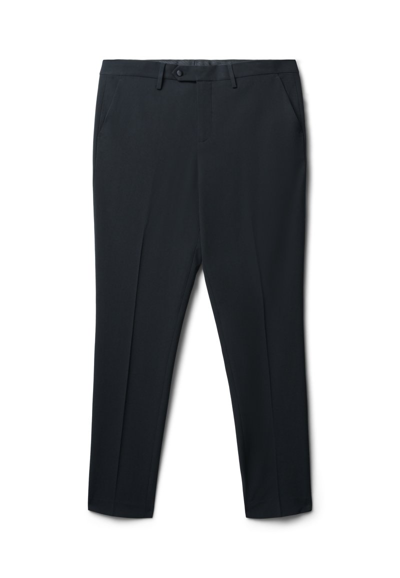 Schwarze Hosen aus einem glatten, leichten Stoff. Verfügt über ein gerades Design, zwei Seitentaschen und einen Knopfverschluss an der Taille.