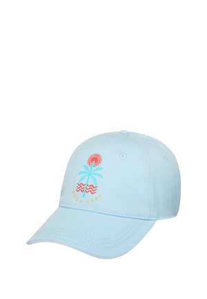 Lyseblå baseballkasket med et design af en palme, en rød sol, bølger og teksten "ROXY 1990" på frontpanelet.