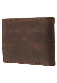 Brown leather wallet with a smooth texture, rectangular shape, and visible stitching along the edges. No visible logos or patterns.