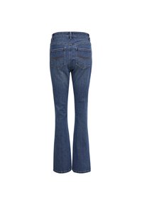 Zúžené džíny v tmavě modré barvě s hladkým povrchem, zadní kapsy s dekorativním prošitím a středním pasem.