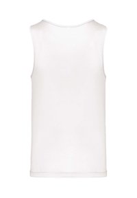 Weißes ärmelloses Oberteil aus glattem Stoff mit Rundhalsausschnitt und sauberen, finished Kanten. Einfaches Design, keine sichtbaren Muster oder Akzente.