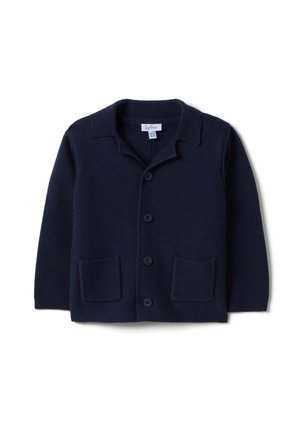 Navy blue knit cardigan with long sleeves, collar, four buttons down front, and two front pockets, displayed flat on white background.