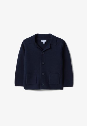 Cárdigan de punto azul marino con mangas largas, cuello, cuatro botones en el frente y dos bolsillos delanteros, mostrado extendido sobre fondo blanco.