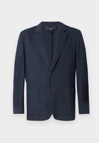 Blazer azul marino con silueta estructurada, cierre de doble botón, dos bolsillos frontales y un acabado texturizado. Adecuado para ocasiones formales.