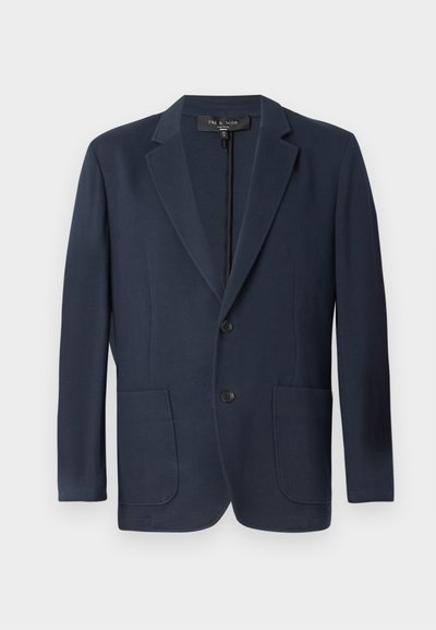 Navy blazer with a structured silhouette, double-button closure, two front pockets, and a textured finish. Suitable for formal occasions.