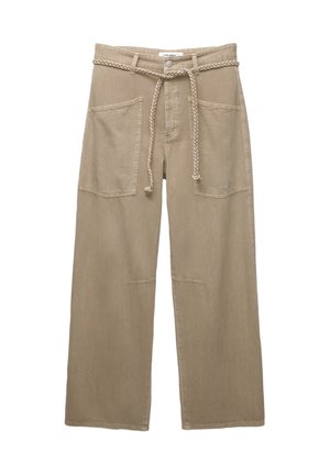 Beige kalhoty s širokými nohavicemi vyrobené z odolné tkaniny, s velkými předními kapsami, pleteným páskem a decentními stehmi.