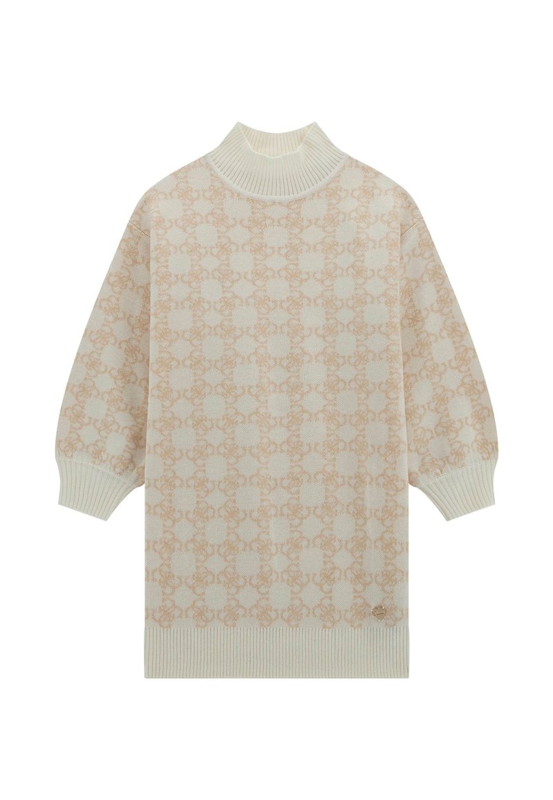 Pullover in maglia color crema con un motivo rosa pallido. Collo alto a coste, spalle cadenti e polsini e orlo a coste. Texture leggera.