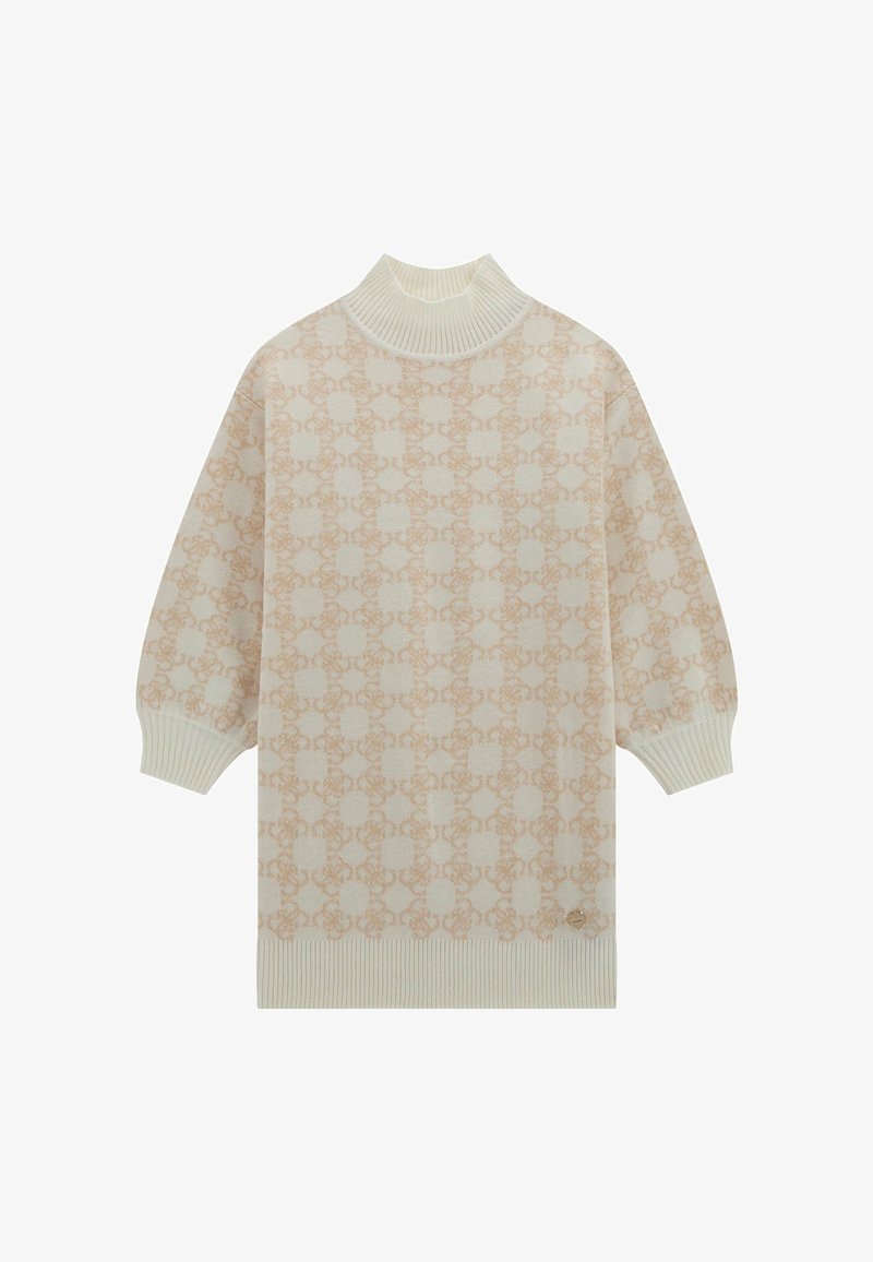 Pullover in maglia color crema con un motivo rosa pallido. Collo alto a coste, spalle cadenti e polsini e orlo a coste. Texture leggera.