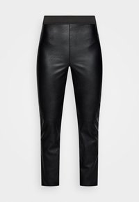 Leggings de imitação de couro pretas com uma textura suave, ajuste justo e cintura elástica larga, apresentando detalhes de costura ao longo das laterais.