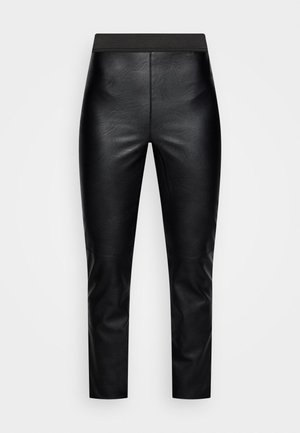 Leggings negre din piele ecologică, cu o textură netedă, croi mulat și talie elastică lată, având detalii cu cusături de-a lungul lateralei.