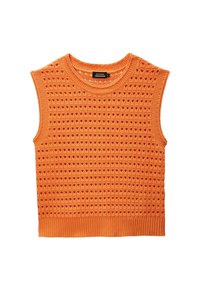 Top sans manches orange en tricot avec un motif ajouré, col et ourlet côtelés. Léger avec un tissu texturé pour une bonne respirabilité.
