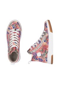 Baskets montantes avec un motif floral en rose, bleu et vert. Comprend des lacets blancs, des zips sur les côtés et une semelle en caoutchouc texturée.