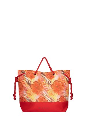 Bolsa de tela con estampado floral en naranja y amarillo, base roja y asas de cuerda rojas atadas en nudos a cada lado.