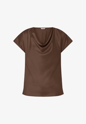Brun satin kortærmet bluse med draperet halstørklædeudskæring og afslappet pasform.