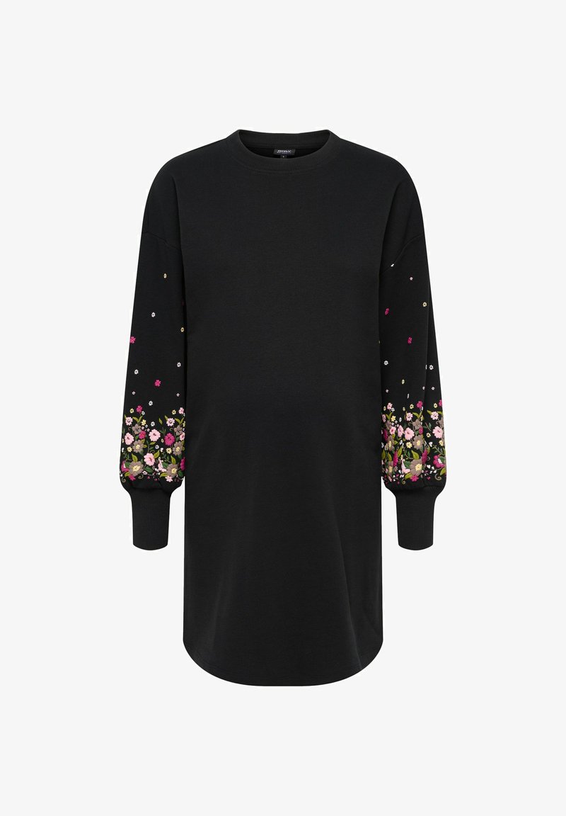 Czarna sukienka w stylu bluzy z długimi rękawami, ozdobiona kolorowym kwiatowym haftem na mankietach i dolnym brzegu. Wykonana z miękkiej, teksturowanej tkaniny.