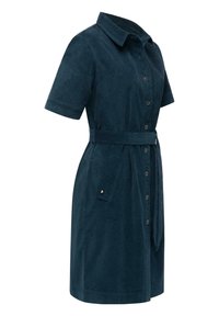 Marineblå kortermet kjole i mykt stoff, med knappefront, snøring i midjen og sidelommer for ekstra funksjonalitet.