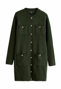 Vihreä neulecardigan, jossa on pyöreä kaula-aukko, ribbitaskut, kaksi päällystaskua ja koristeelliset napit edessä.