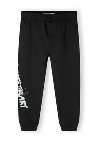 Black sweatpants with elastic waistband and drawstring. Features white graphic text on the left leg. Fabrics appear soft and comfortable.