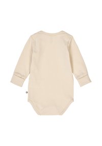 Lange mouwen katoenen rompertje in lichtbeige, met een ronde hals, drukknoopsluiting aan de onderkant en zachte manchetten op de mouwen.