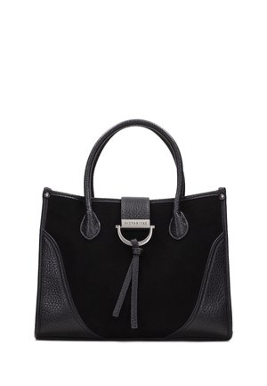 Sac à main en cuir et suède noir avec poignées arrondies, fermoir argenté et sangle décorative, portant le nom de la marque Hispanitas.