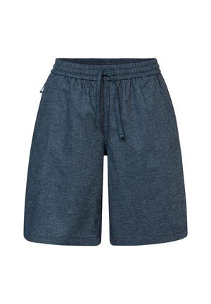 Donkerblauwe casual korte broek met elastische tailleband en trekkoord, voorzien van zijzakken en een textuurstof afwerking.