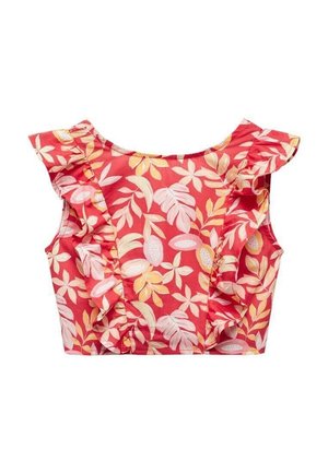 Czerwony kwiatowy krótki top z falbankami na rękawach, zdobiony żółtymi i białymi wzorami liści. Wykonany z lekkiego materiału o gładkiej teksturze.