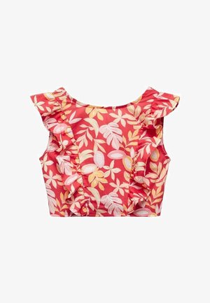 Czerwony kwiatowy krótki top z falbankami na rękawach, zdobiony żółtymi i białymi wzorami liści. Wykonany z lekkiego materiału o gładkiej teksturze.