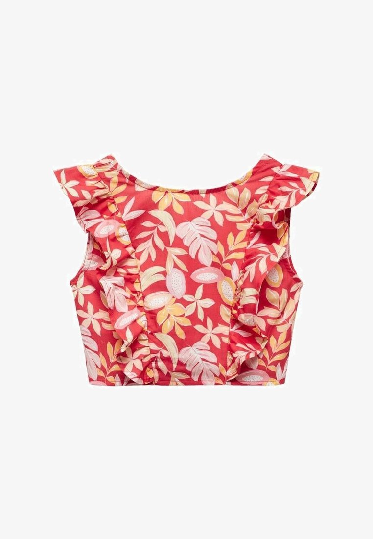 Haut court rouge à fleurs avec manches à volants, présentant des motifs de feuilles jaunes et blanches. Fabriqué en tissu léger à texture lisse.