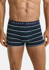 Marineblauwe en groene gestreepte boxershorts met een zachte, elastische tailleband waarop de merknaam in het wit staat. De stof heeft een gladde textuur.