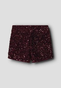 Lühikesed burgundiavärvi lühikesed püksid, kaetud litritega, kitsas mudel, sileda tekstuuriga ja ääristatud vöökohaga.