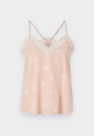 Pale pink camisole with lace trim, featuring a V-neck and spaghetti straps, decorated with subtle heart and lightning bolt patterns.