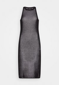 Abito nero senza maniche con tessuto a trama fitta e texture a maglia aperta, lungo fino al ginocchio, presenta un collo rotondo e una linea dritta.