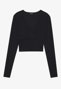 Black ribbed long-sleeve cropped top with a V-neck wrap design and fitted waistband.