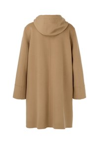 Beige Wollmantel mit Kapuze, lockerer Sitz, weite Ärmel und einem klaren, minimalistischen Design. Glatte Textur ohne sichtbare Beschläge.