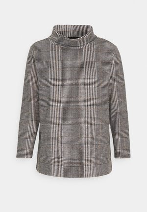 Haut à col roulé avec un motif pied-de-poule en noir, blanc et marron. Manches longues, coupe décontractée, tissu texturé et col roulé.